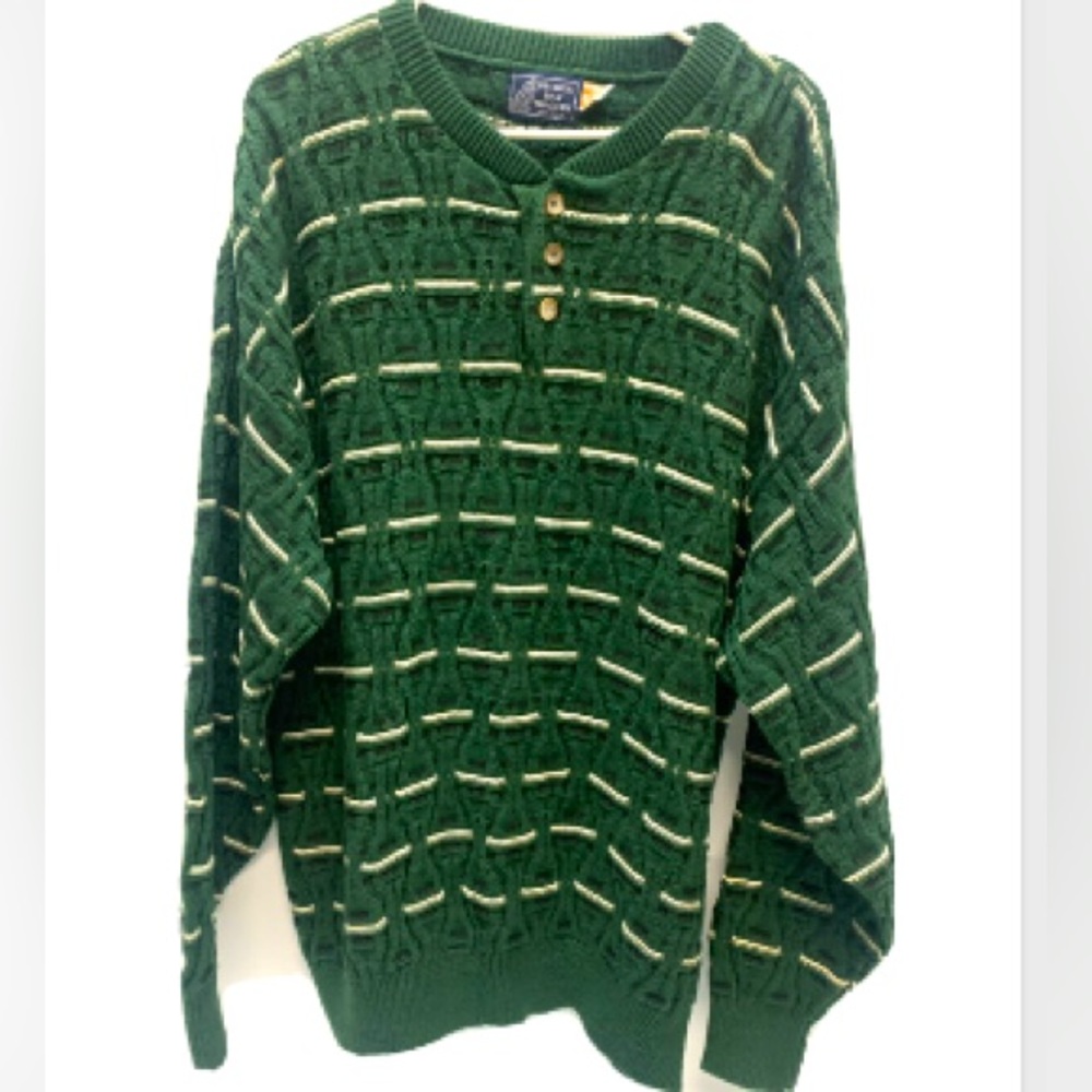 Men's Peconic Bay Traders Sweater  Green Knitted Open Neck 3 Button Down Sz Lg